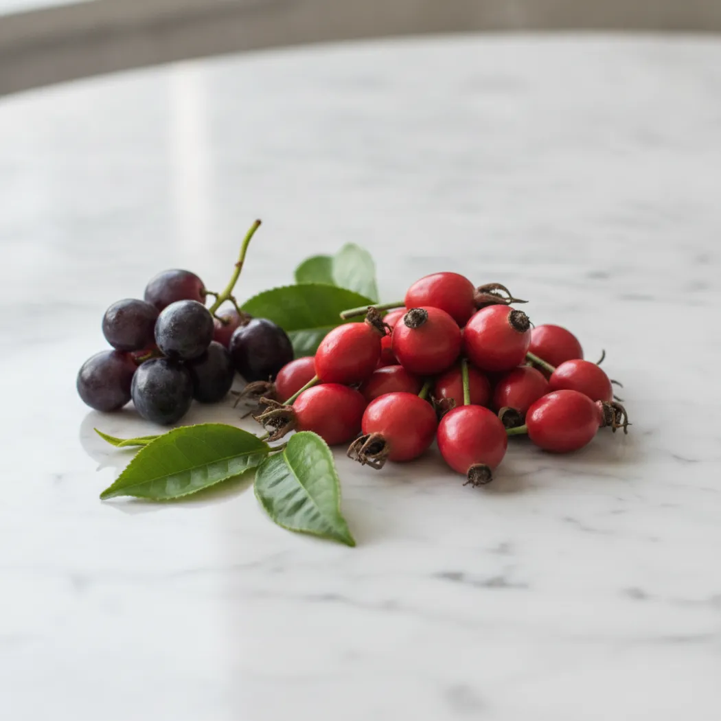 Cynorrhodon, raisin et thé vert, actifs antioxydants du Beautifully Aging Complex d'Adcaelia