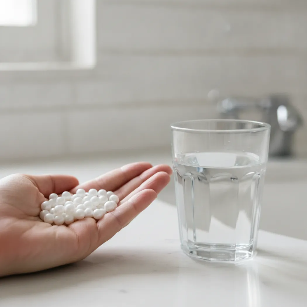 Poignée de mini-gélules de Neo Collagen Biovancia, la dose de 4 à 8 par jour