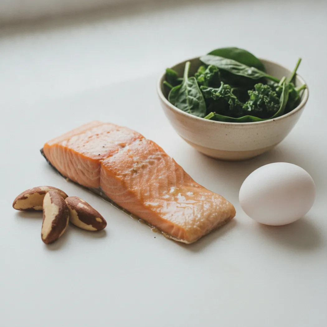 Poisson, noix du Brésil et œuf, sources des nutriments des Smart Vitamins for Him d'Insentials