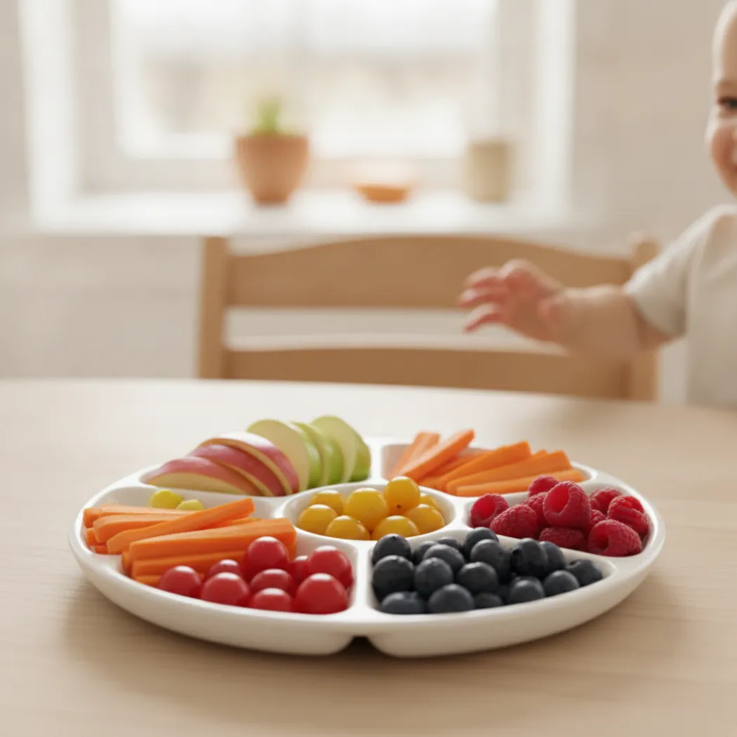 Assiette d'enfant colorée avec fruits et légumes, la meilleure source de vitamines