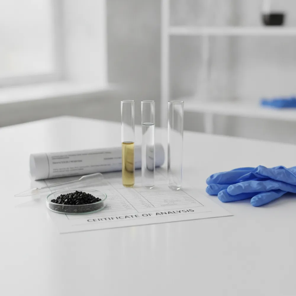 Analyses de laboratoire de métaux lourds sur un échantillon de shilajit avec certificat d'analyse et tubes à essai