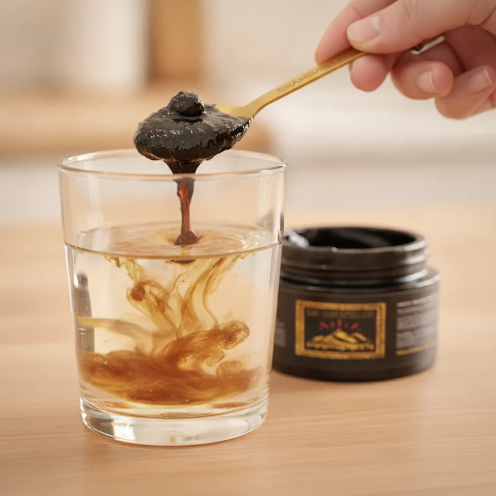 Résine de Shilajit Shamballa prélevée à la cuillère dorée et diluée dans un verre d'eau tiède
