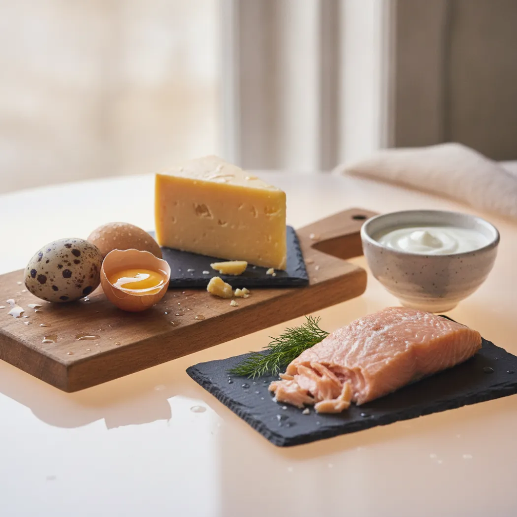Œufs, fromage, poisson et yaourt, sources naturelles de vitamine B12 que les gouttes VitaminFit remplacent